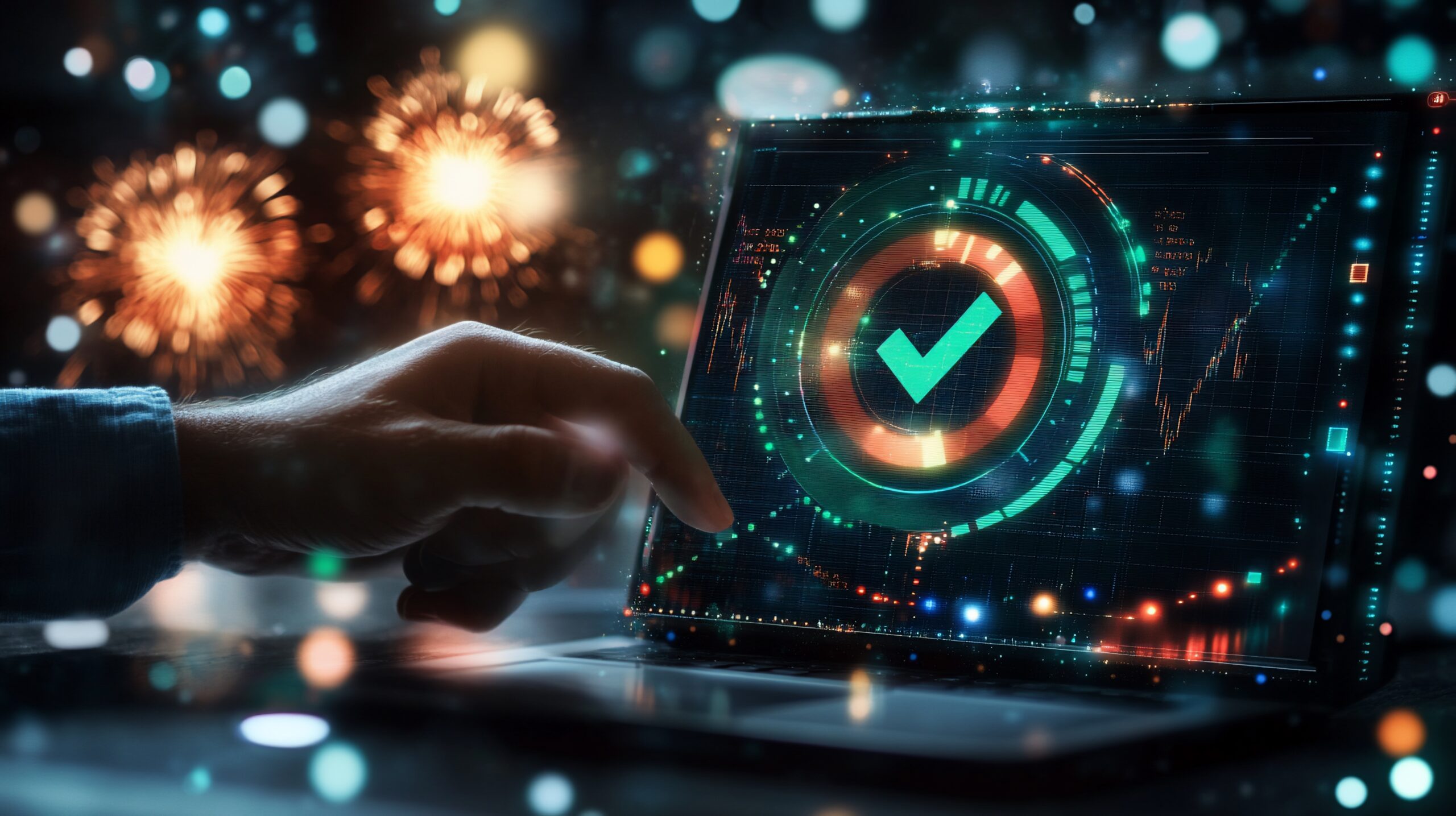 cyber security new year fireworks laptop