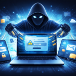 Hooded cybercriminal siphoning data from a laptop, phone and tablet, symbolising cross-device infostealer attacks