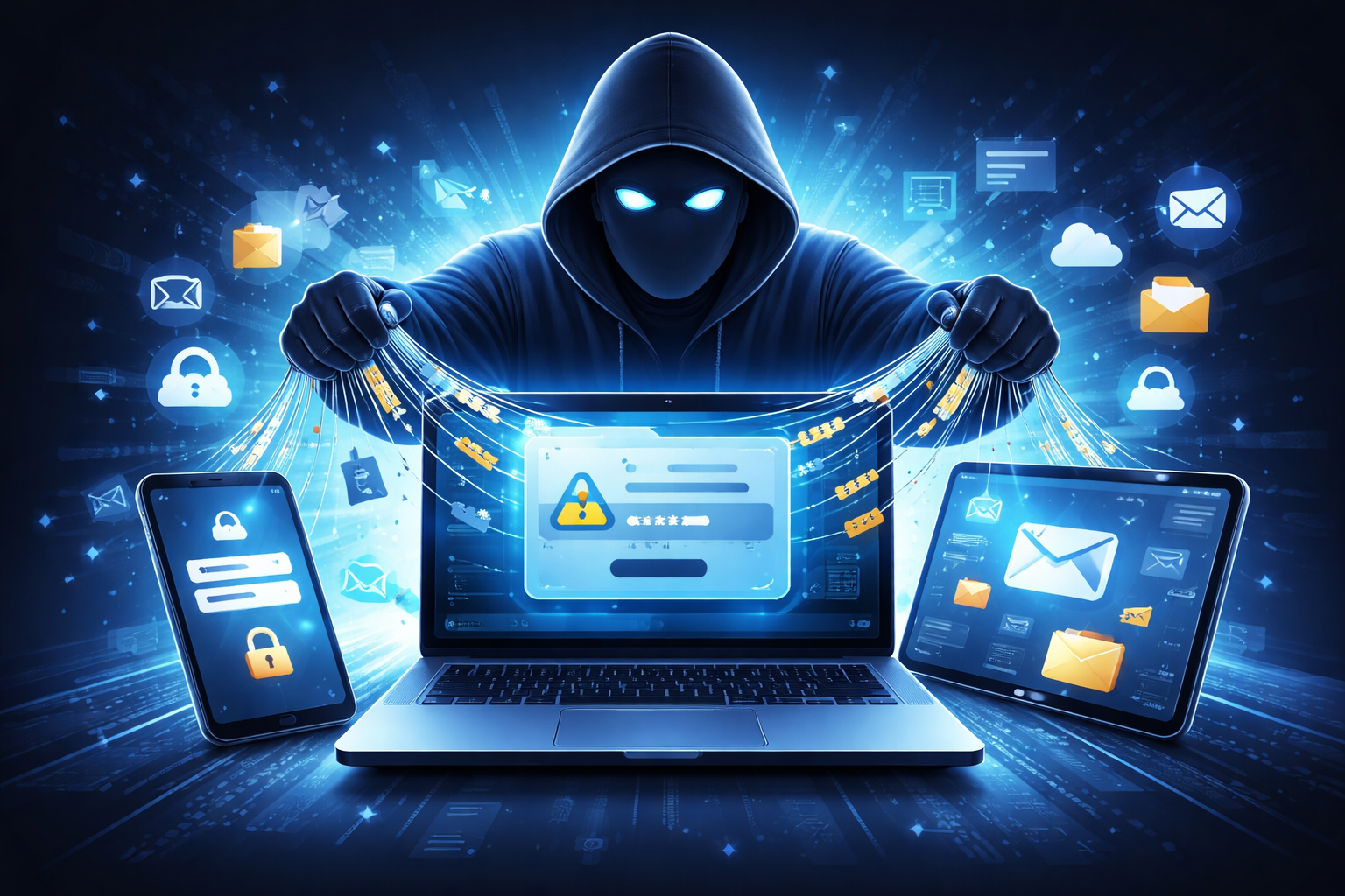 Hooded cybercriminal siphoning data from a laptop, phone and tablet, symbolising cross-device infostealer attacks