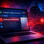 Laptop showing a fake AI browser extension flagged as a malicious extension, with a hooded hacker in the background, representing AI browser add-ons stealing data from Gmail and business apps.