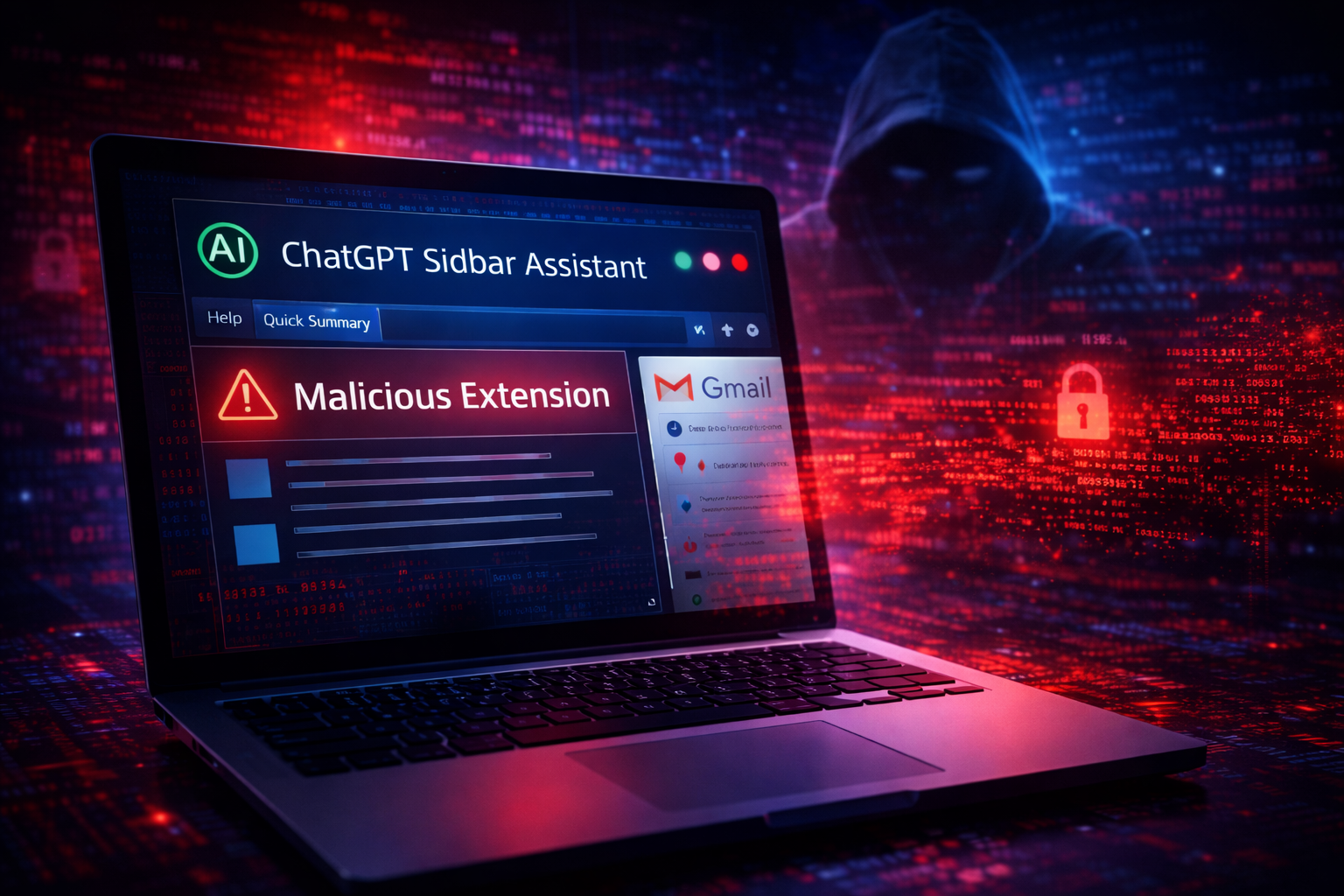 Laptop showing a fake AI browser extension flagged as a malicious extension, with a hooded hacker in the background, representing AI browser add-ons stealing data from Gmail and business apps.