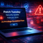 Laptop showing February 2026 Patch Tuesday security update with 25 privilege escalation fixes, on a red and blue cybersecurity background.