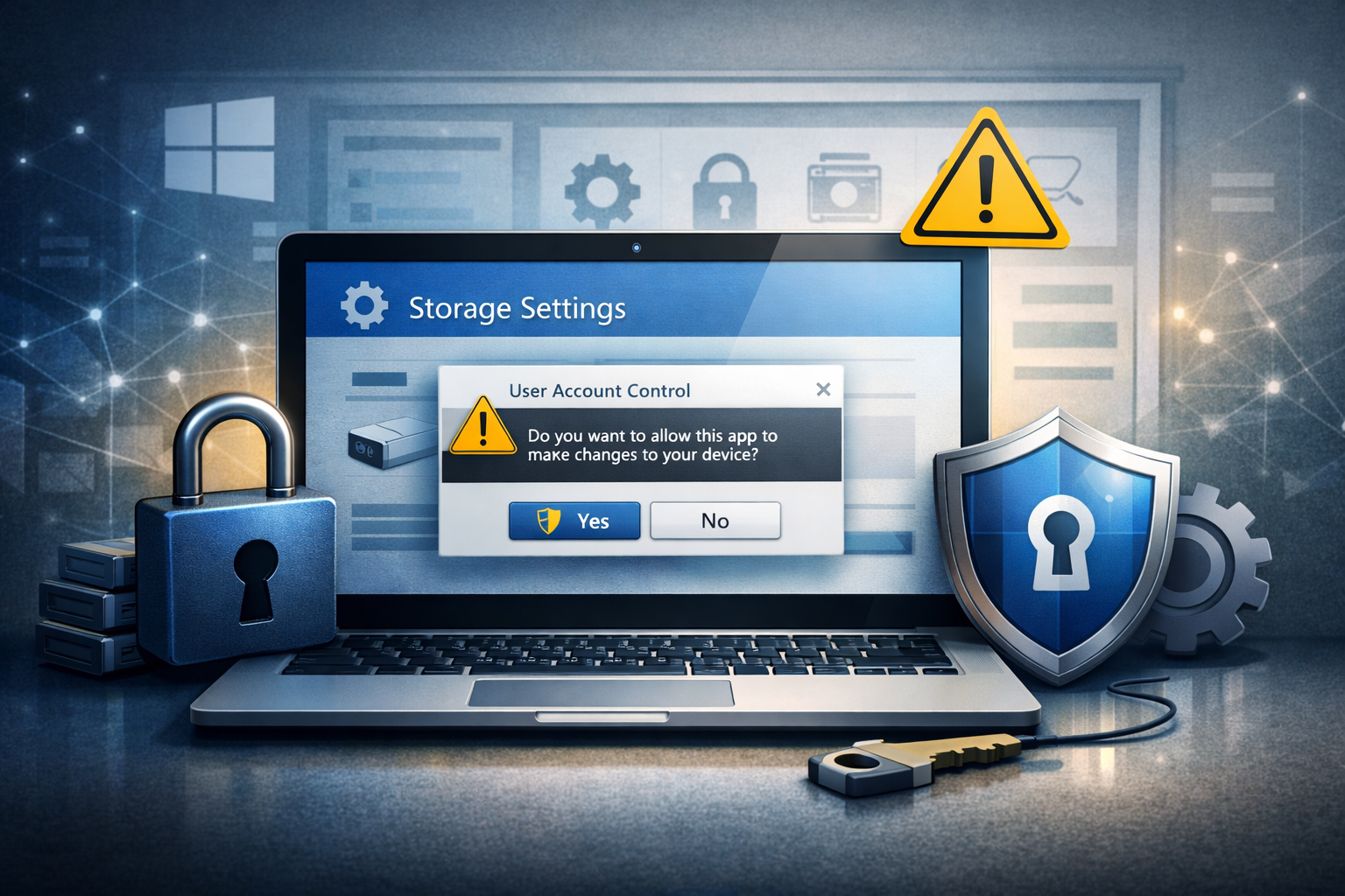 Windows 11 settings screen with UAC/admin prompt, illustrating the shift to least privilege and reduced local admin access.
