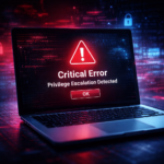 Laptop screen showing a "Critical Error – Privilege Escalation Detected" warning, representing a Windows Error Reporting security vulnerability.