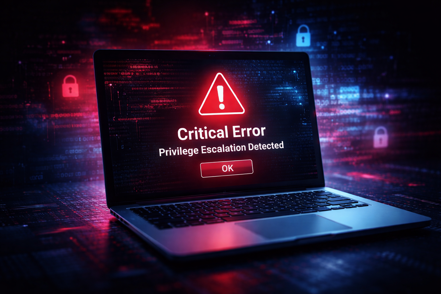 Laptop screen showing a "Critical Error – Privilege Escalation Detected" warning, representing a Windows Error Reporting security vulnerability.