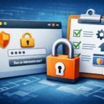 Illustration of a Windows UAC-style admin prompt with a password field and lock, representing safer ways to handle admin elevation and least privilege on Windows.