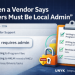 Illustration of a vendor message stating “users must be local admin” with a warning badge and checklist, representing questions to challenge unnecessary admin requirements on Windows.