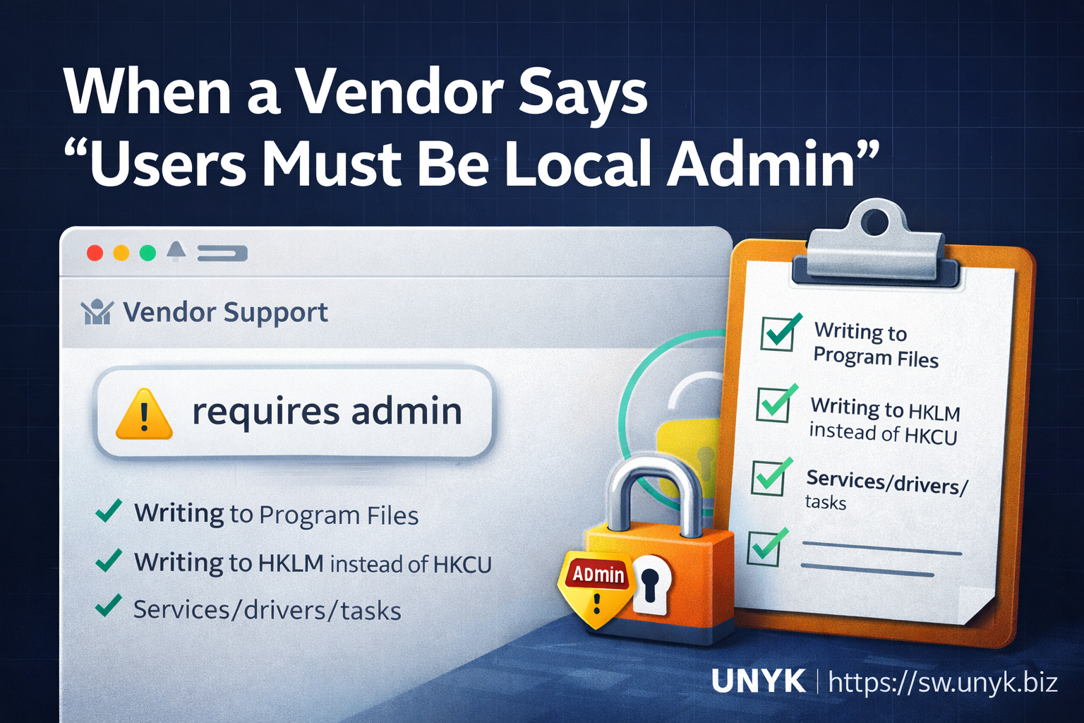 Illustration of a vendor message stating “users must be local admin” with a warning badge and checklist, representing questions to challenge unnecessary admin requirements on Windows.