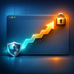 Abstract illustration of a Chrome browser window with a privilege escalation arrow rising toward a SYSTEM-level lock on a dark blue and slate gradient background