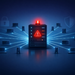 Abstract illustration of a central management server radiating connection lines to many devices, with a warning indicator on the central console, on a dark blue and slate gradient background