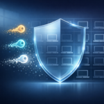 Abstract illustration of admin keys dissolving over a shielded grid of managed endpoints on a dark blue background
