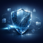 Abstract cracked security shield made of glass and circuitry on a dark blue gradient, representing a flaw inside Microsoft Defender's scanning engine