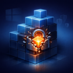 Abstract stacked registry-hive blocks with one breaking upward through a padlock, on a dark blue tech background