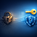 Abstract cracked cipher key dissolving into a stronger glowing key and shield, on a dark blue tech background