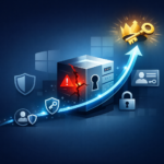 Abstract identity server with an escalation path rising to an administrator key, marked with a red alert accent
