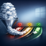 Abstract illustration of many update cards being filtered into priority lanes, representing patch triage